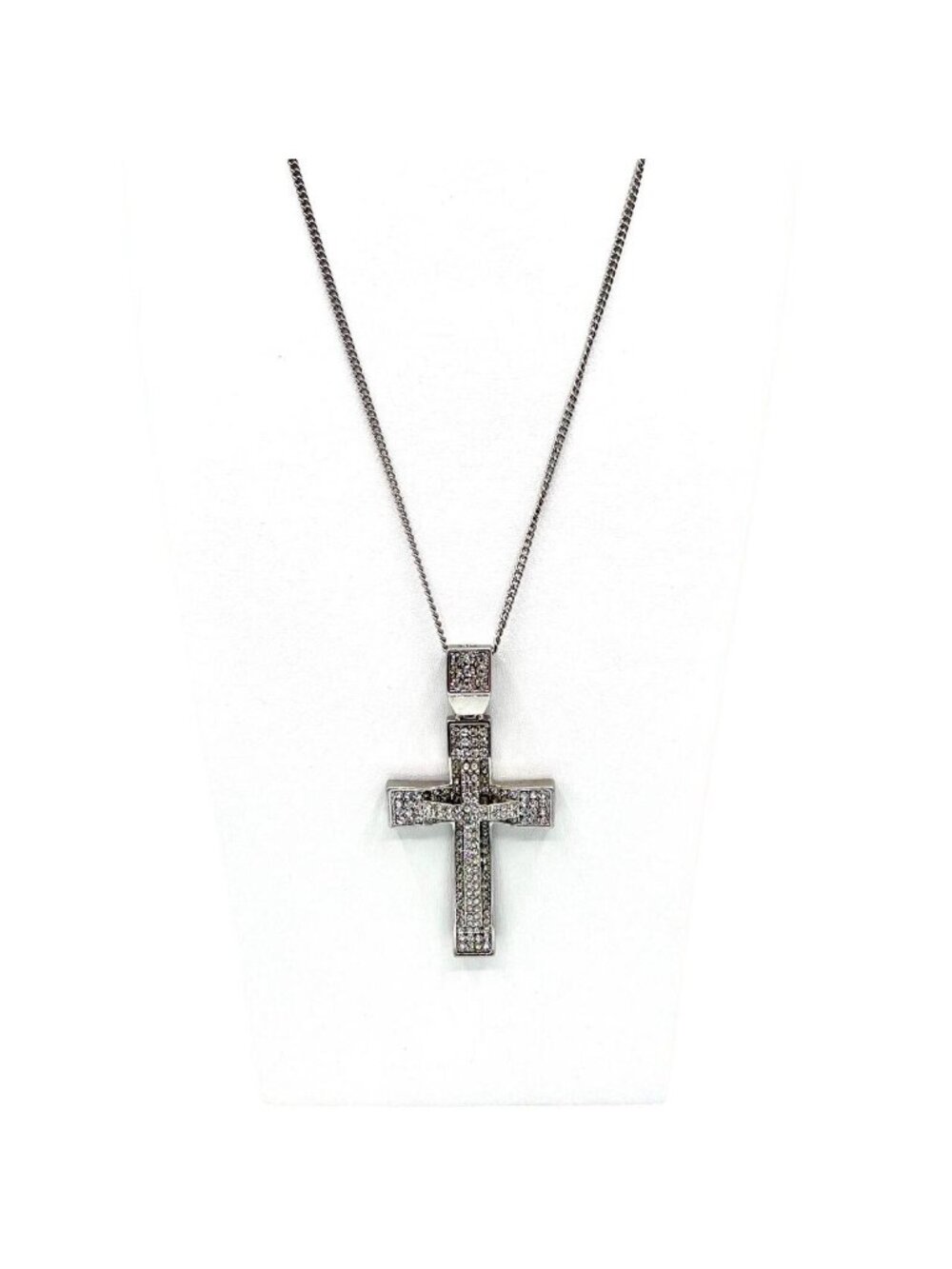 Iced Out Rhinestone Cross Pendant Necklace Silver Tone 24” Chain Unisex Bling